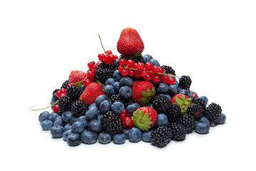 Blackberry, raspberry, blueberry,  red currant and mint background.
