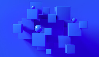 Obraz premium Blue color geometric background. 3d cubes rendering monochrome abstract wallpaper