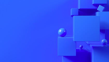 Blue color geometric background. 3d cubes rendering monochrome abstract wallpaper