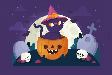 hand drawn halloween cat with witch hat vector design illustration