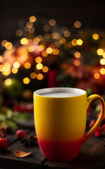 a red and yellow mug with a steaming drink. Fruits and spices are all around on a wooden table. Yellow lights of garlands are burning behind