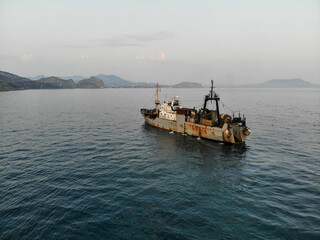 Fishing ship in the Black Sea near Crimea, Fishing trawler.