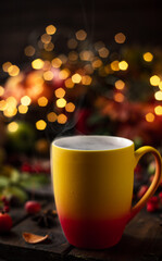 a red and yellow mug with a steaming drink. Fruits and spices are all around on a wooden table. Yellow lights of garlands are burning behind