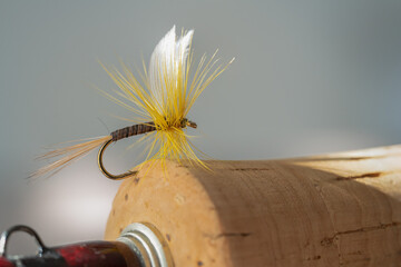 Obraz premium artificial fishing fly hooked into the butt end of a portuguese cork fly rod handle