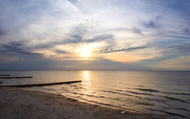 Sunset over the Baltic Sea on the beach in Zelenogradsk. Kaliningrad region, Russia