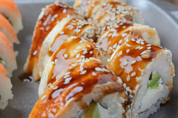 Close-up rolls sprinkled with sesame seeds