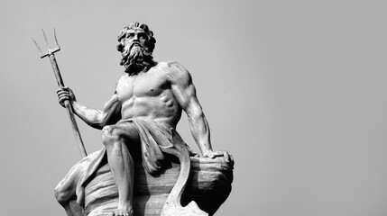 Mighty and powerful god of the sea, oceans and water Neptune (Poseidon). Black and white image. Copy space. - obrazy, fototapety, plakaty