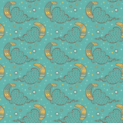 Doodle Clouds, Moons and Snowflakes Vector Pattern