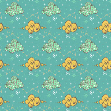 Doodle Clouds and Snowflakes Vector Pattern
