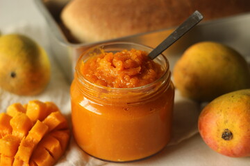 Home made alphonso mango jam with 3 ingredients. Mango pulp, sugar and lime juice. Alphonso mango...