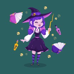 cute halloween witch with flying objects vector design illustration
