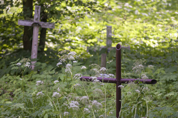 Zaniedbany opuszczony stary cmentarz katolicki z widocznymi krzyżami 