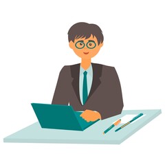 Young Businessman using laptop Flat vector illustration