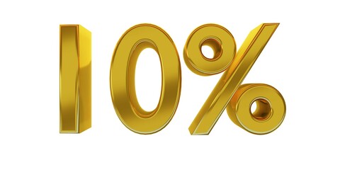 Fototapeta na wymiar 3D illustration, ten percent - 10%, golden elements with white background, detailed lights, rendered in 5000x2500 pixels. 
