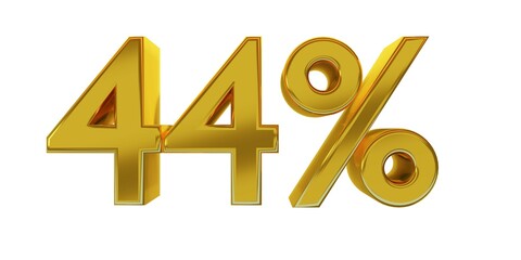 3D illustration, forty-four percent - 44%, golden elements with white background, detailed lights, rendered in 5000x2500 pixels.
