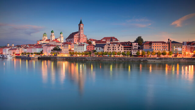 Passau Skyline, Germany. Panoramic cityscape image of Passau skyline, Bavaria, Germany at autumn sunset.