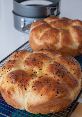 Two traditional home cooked Jewish Challah bread loaves, on a wire tray. One is topped with nigella seeds and the other with rosemary. 