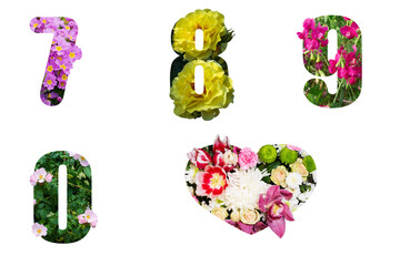 Flower numbers 7 8 9 0 and floral heart from different flowers
