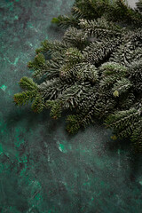 Green holiday background with evergreen branch copy space