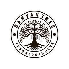banyan tree logo design template. circle stamp style logo. tree illustration vector