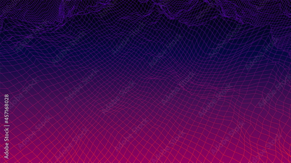 Poster digital landscape with mountains or clouds made of line grid