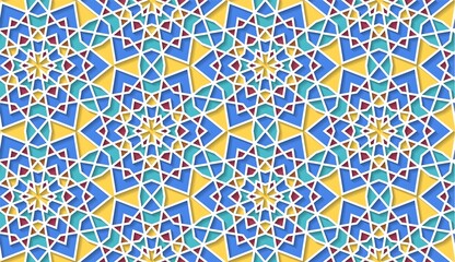 Arabic seamless girih pattern with classic islamic culture ornament. Colorful tiled background with shadow.