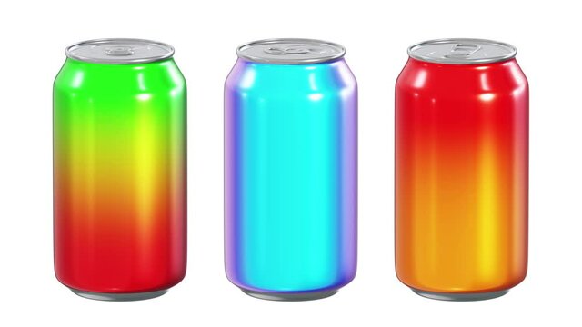 Realistic seamless looping 3D animation of the spinning gradient metallic paint blank alcohol or soft drink tin cans rendered in UHD with alpha matte