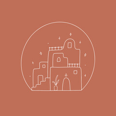 Bohemian scene of old or ancient houses inside the round frame. Modern line illustration. Trendy boho terracotta art. Vector.