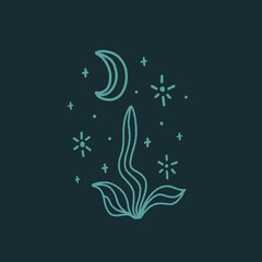 Fototapeta na wymiar Wild flower botanical line illustration. Magic nature, moonchild, witchcraft symbol. Midnight with crescent moon and stars. Vector, hand drawn art.