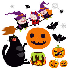 Three little witches flying on a broom. A black cat sits. Flying bats and cobwebs. The moon is shining.  Vector illustration on white background in cartoon style. Hand drawing. For printing postcards 