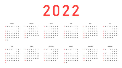 Calendar 2022 isolated on a white background. Week starts on Sunday. Vector illustration