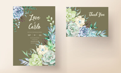 beautiful hand drawing watercolor succulent plant and flower wedding invitation template