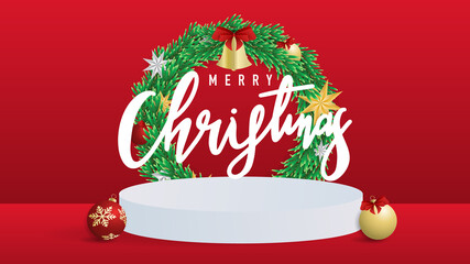Merry Christmas calligraphy background, Podium and red gold balls Element in christmas holiday , Flat Modern design , illustration Vector EPS 10