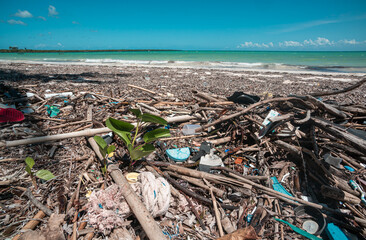 Spilled garbage on the beach of tropical island. Trash on the beach. Empty used dirty plastic....