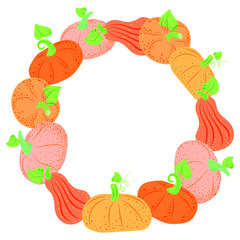Banner on a white background. Stylized pumpkins arranged in a circle. Autumn. The vector is made in a flat style. Pumpkins. Suitable for postcards and posters.