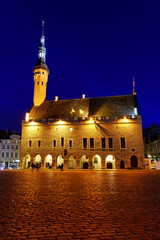 Fototapeta na wymiar Tallinn Town Hall Square illuminated at night after raining.