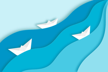 Origami paper boats on water in paper cut style. Vector illustration.