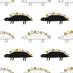 Vector hand-drawn seamless childish pattern with cute doodle dinosaurs on a white background. Kids texture for fabric, wrapping, textile, wallpaper, apparel. Dino. Scandinavian style illustration. © ZHUKO