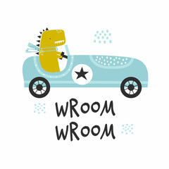 Vector hand-drawn illustration of a cute funny dinosaur rides in a retro racing car and text. Wroom wroom lettering. Greeting card, print, poster design for kids. Trendy scandinavian character.