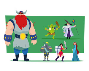 Cartoon heroes and monster vector illustrations set. Giant Viking, orc, female warrior with sword and shield isolated on green background. Fantasy concept for fairytale, computer game design