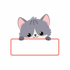 Obraz na płótnie Canvas Cute gray kawaii cat holding blank card isolated on white background. Cartoon flat style. Vector illustration