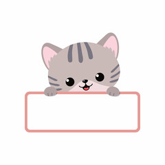 Cute gray kawaii cat holding blank card isolated on white background. Cartoon flat style. Vector illustration