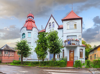 Beautiful house with turrets on Moskovsky street. Kaliningrad region. © Belikart