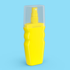 Yellow sunscreens bottle or sunblock cream tube isolated on blue background.