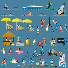 Set of people on the beach. Infographic elements. Vector flat illustration.