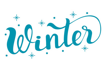 Winter - Lettering is written in blue letters. Template for a festive New Year card.
