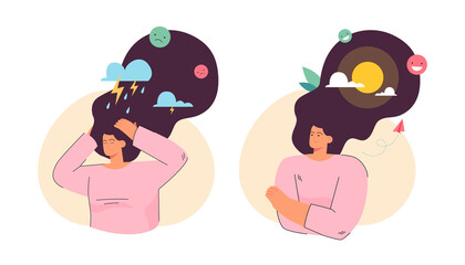 Mind of cartoon woman in good and bad mood. Calm and angry girl, sun or thunder and storm inside head flat vector illustration. Premenstrual syndrome, mental health concept for banner, website design
