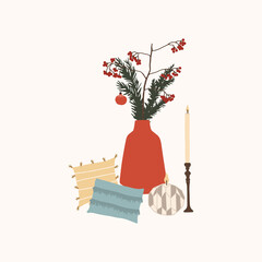 Christmas composition with decor vase and spruce branches, sofa cushions and candles. Winter holiday new year season card. Vector illustration in hand drawn cartoon flat style