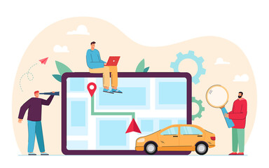Cartoon men using car sharing online application for economy. People finding transport, city map on tablet flat vector illustration. Communication, car rental, traveling concept for banner