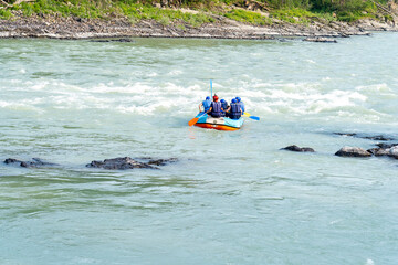 Russia Altai Territory Altai Republic, August 08, 2021, Tourists rafting on the Katun River, One...